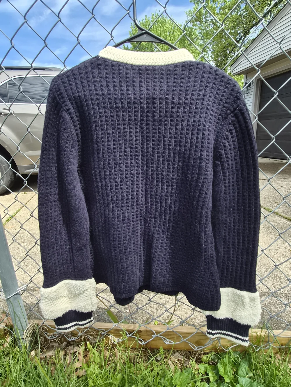 Chanel Women's Navy and Cream Ribbed Button Cardigan